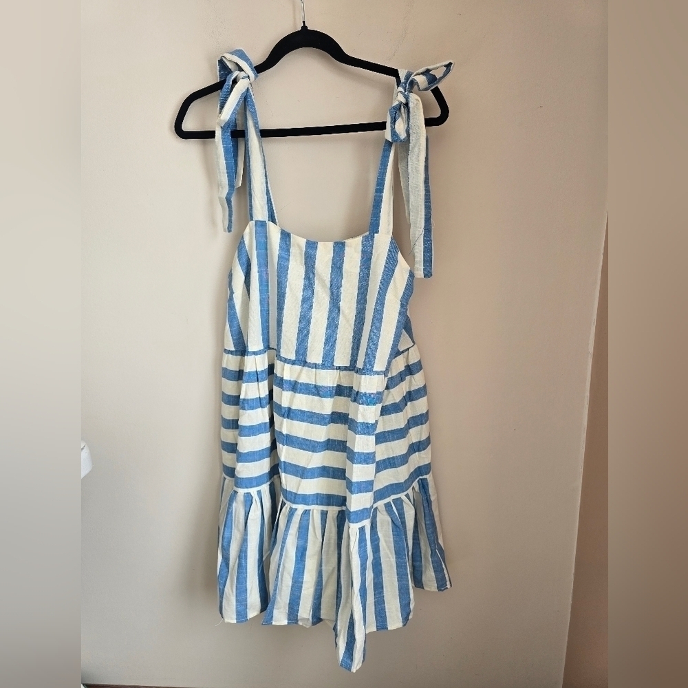 By Together Blue and White Stripe Tie Shoulder Summer Dress Women's Sz S.